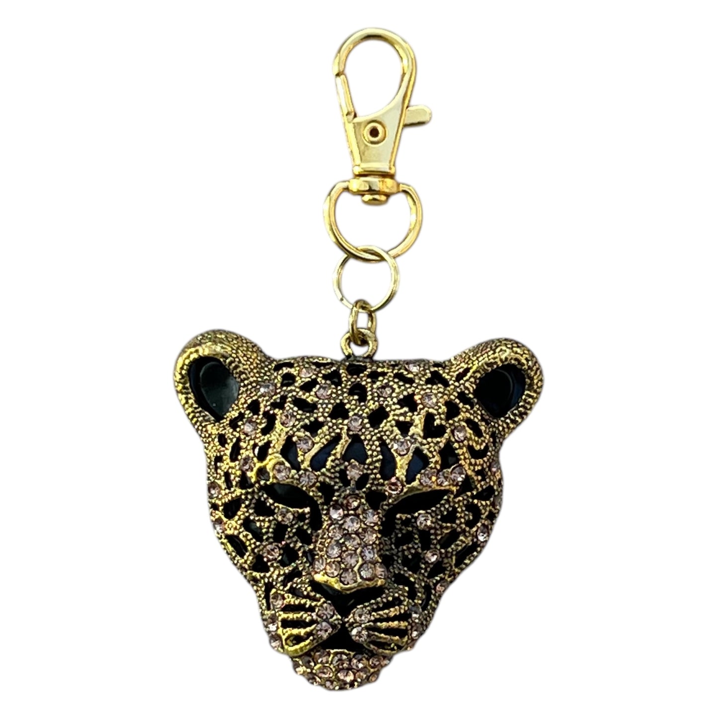 Rhinestone cheetah head purse charm on white background