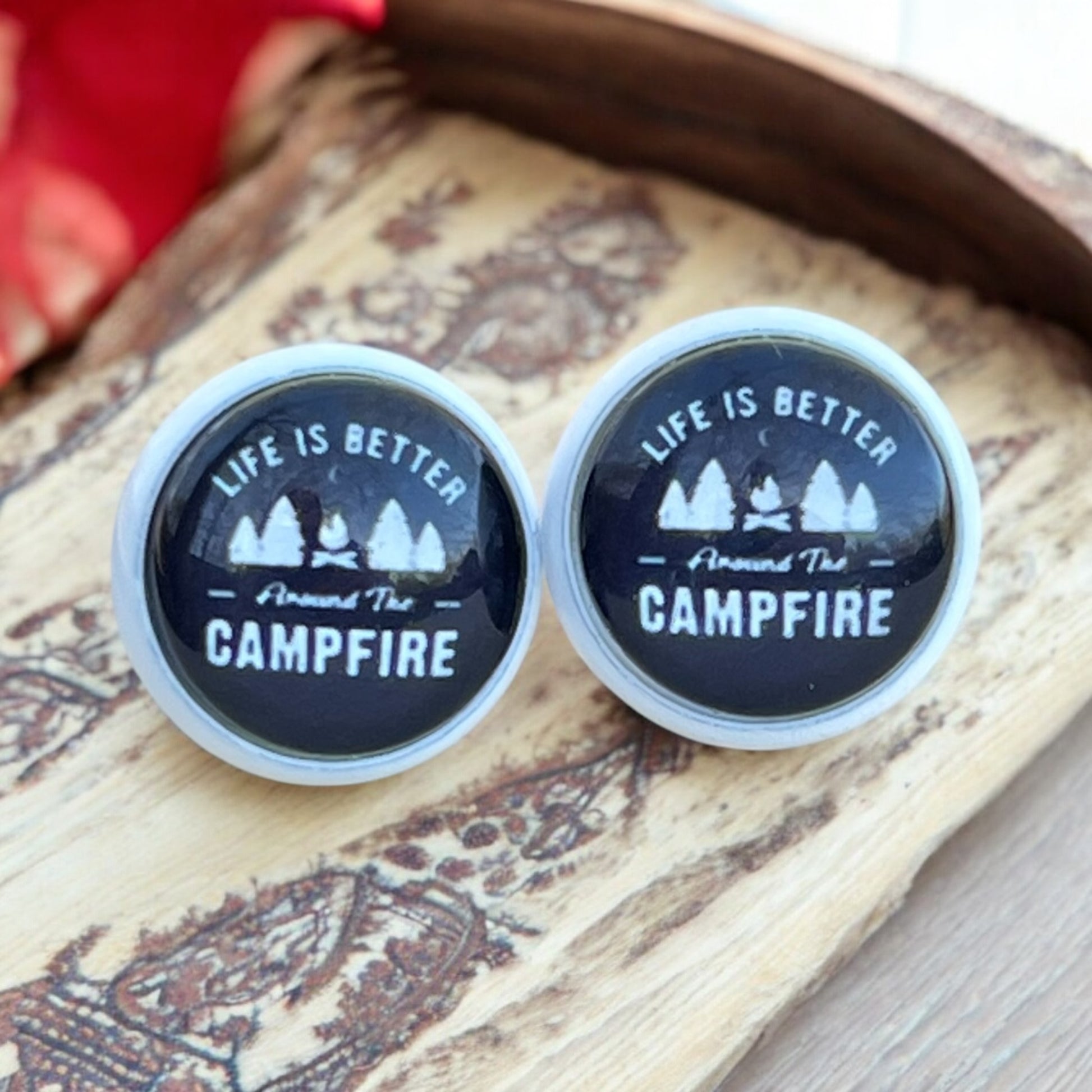 Side view of rustic adventure earrings with white bezel