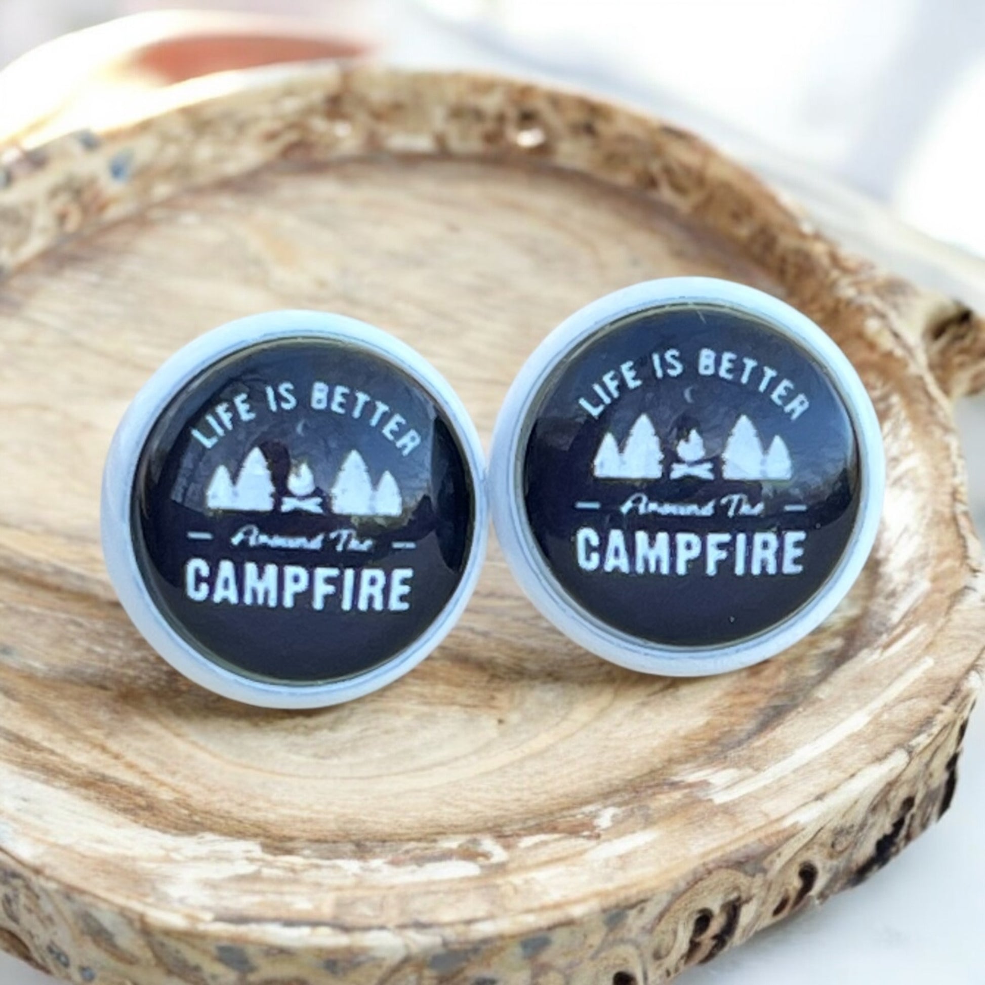 Black and white rustic campfire earrings with cozy outdoor theme