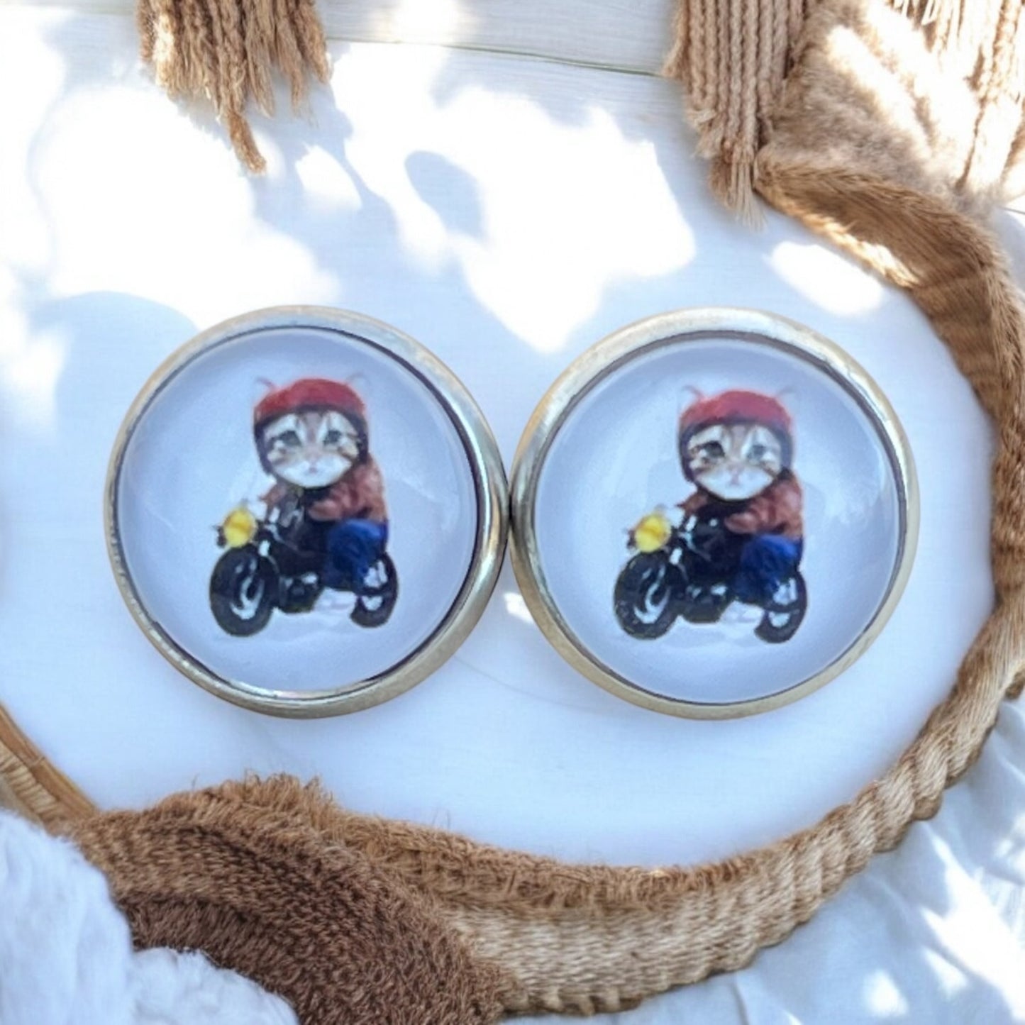 Silver-toned 12mm earrings with funny feline biker artwork