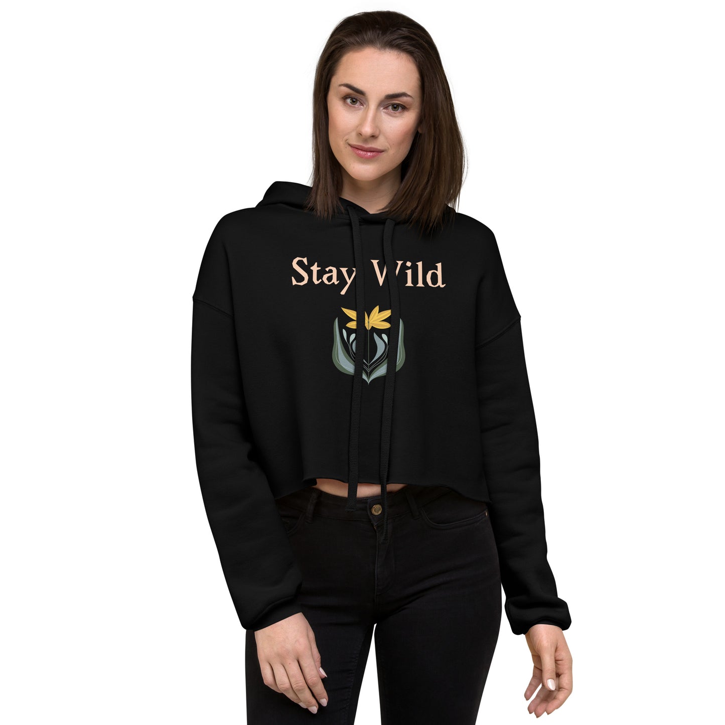 Black Stay Wild hoodie with floral quote design – front view on model