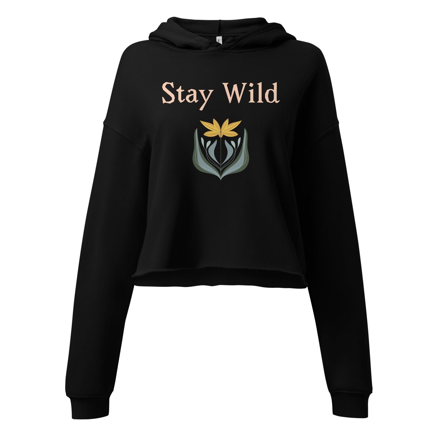 Close-up of Stay Wild floral design on black hoodie