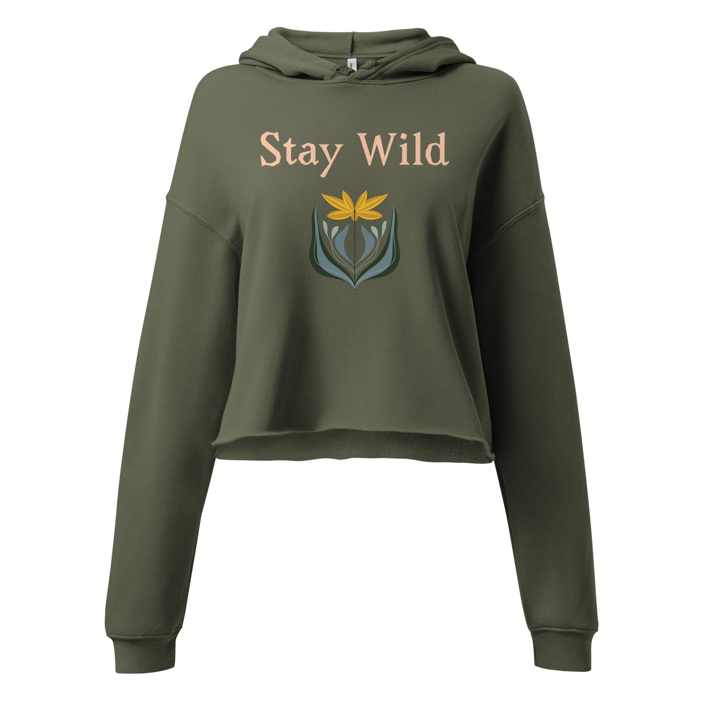 Close-up of Stay Wild floral design on military green hoodie