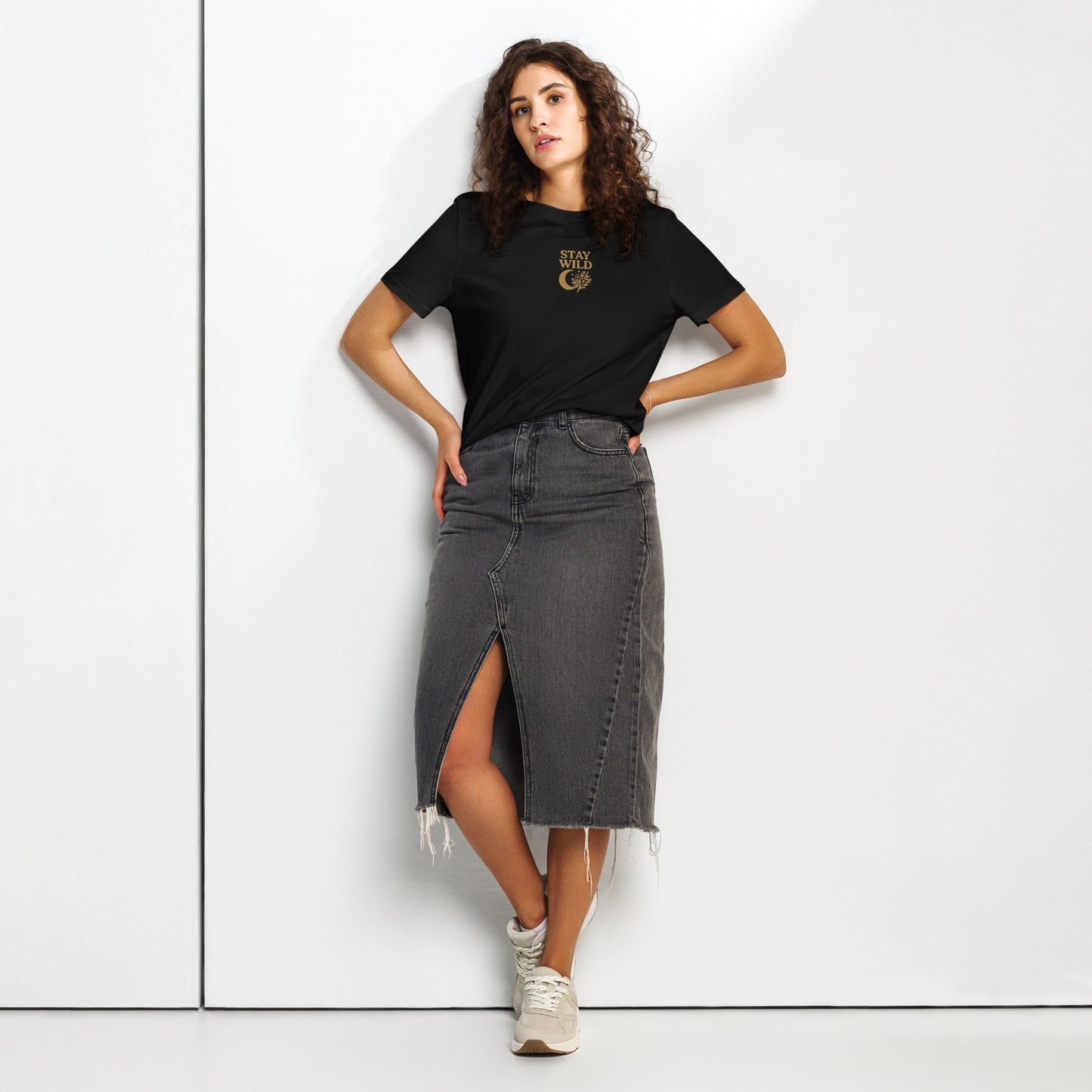 Black organic cotton t-shirt with embroidered Stay Wild moon and floral design – front view