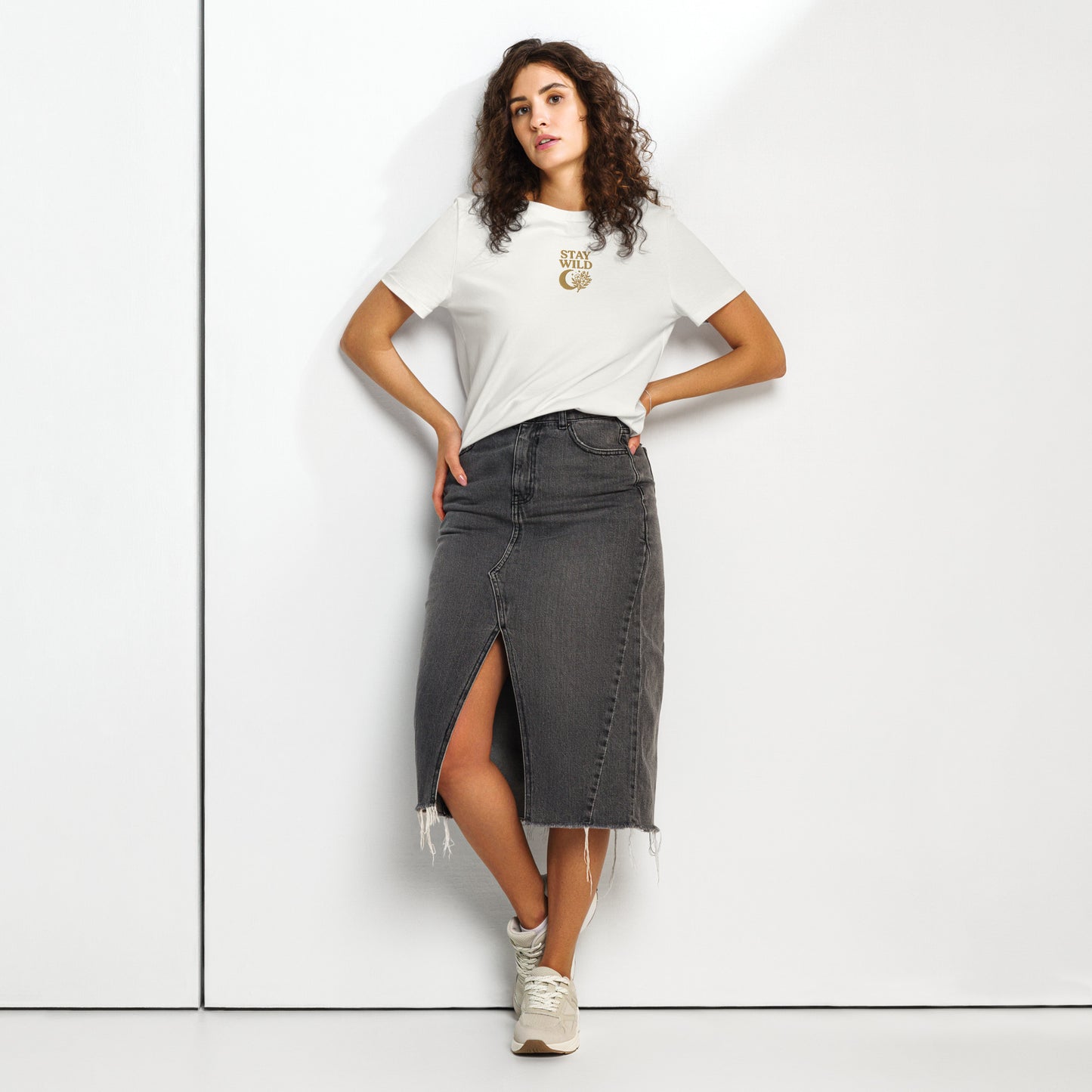 Off white organic t-shirt with embroidered Stay Wild moon and floral design – front view on model