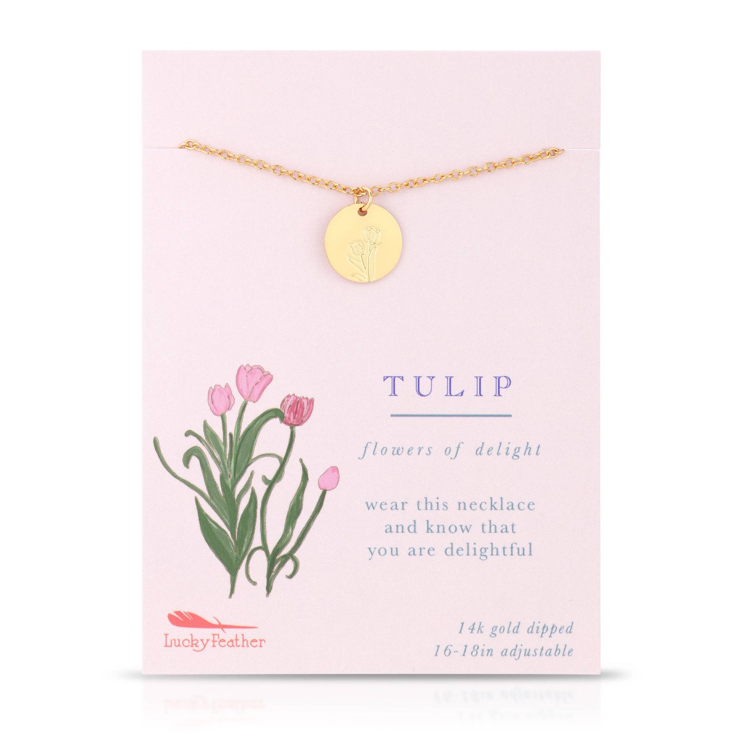 Tulip flower necklace shown in spring-themed gift setup