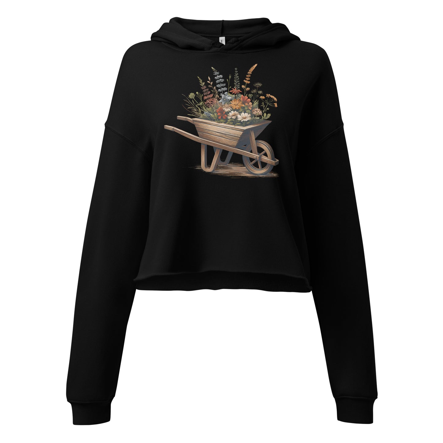 Detailed view of floral garden artwork on black hoodie fabric