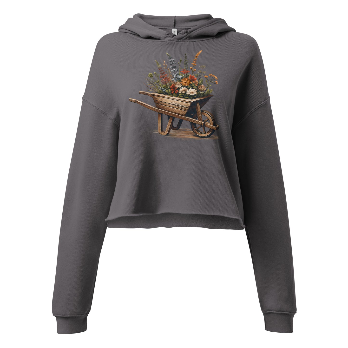 Graphic close-up of wheelbarrow floral design on storm gray hoodie