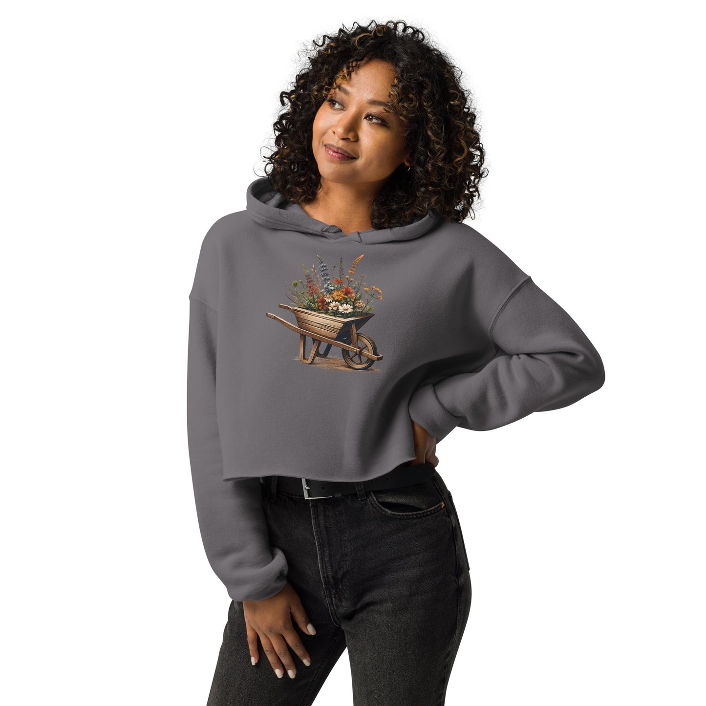 Side view of storm gray floral hoodie with wheelbarrow print