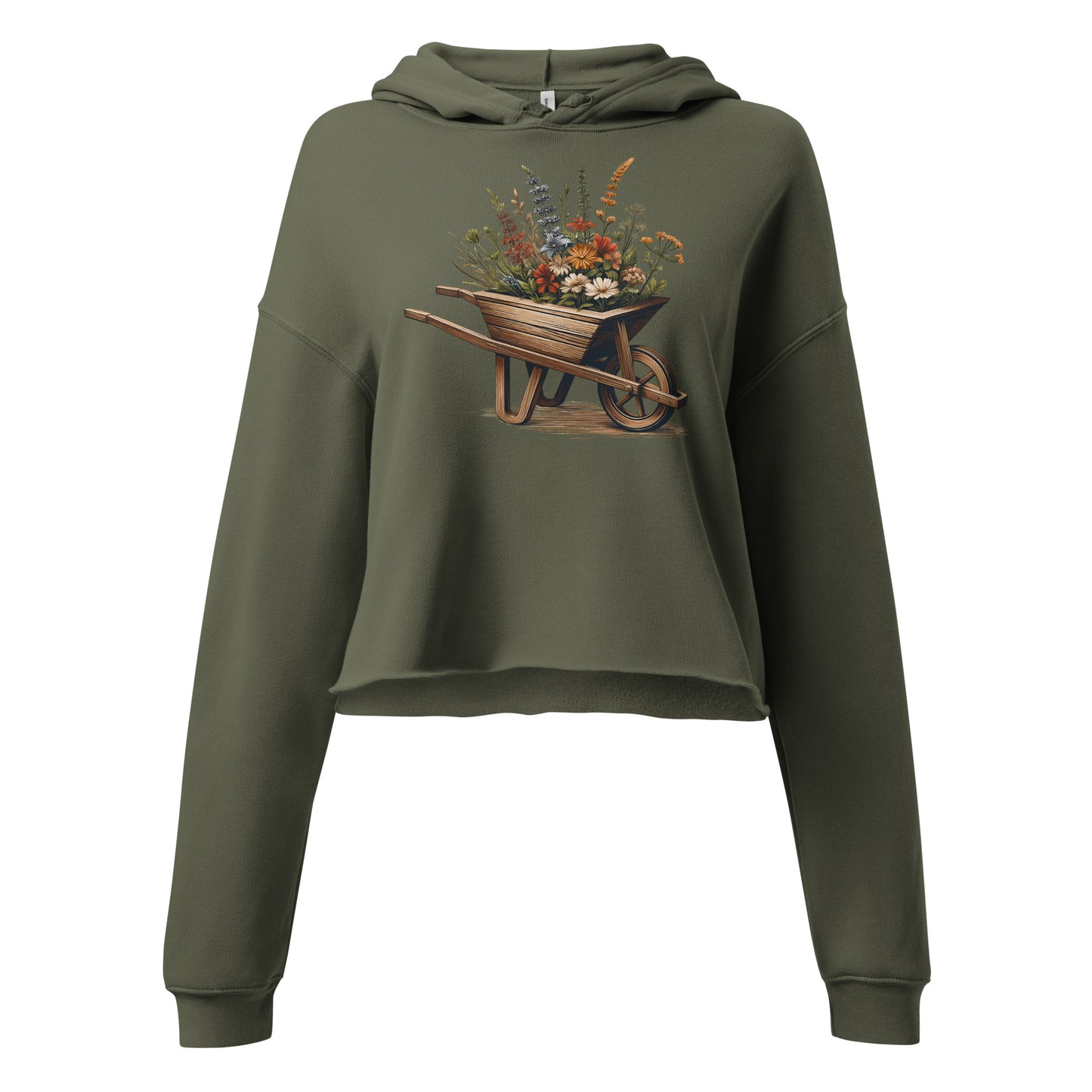 Close-up of rustic flower print on military green boho hoodie