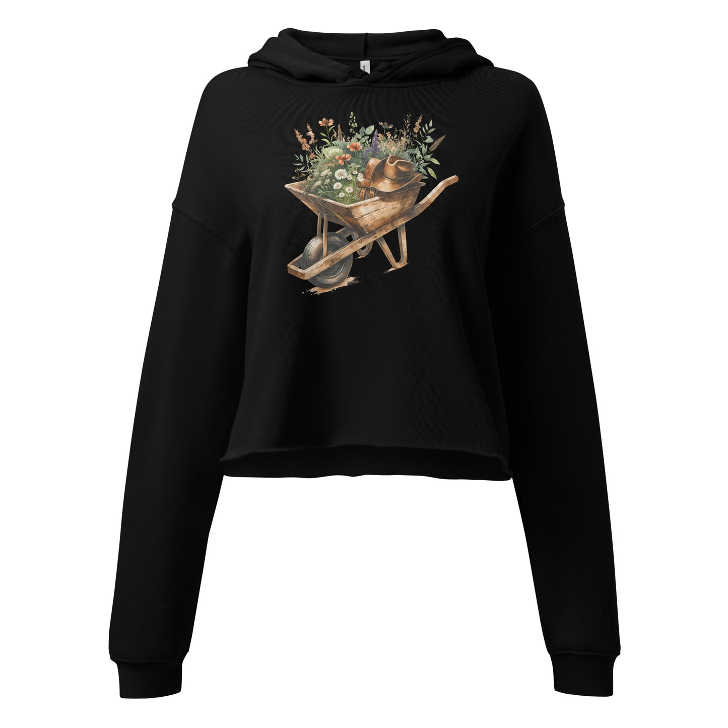 Close-up of floral wheelbarrow and cowboy hat print on black cropped hoodie