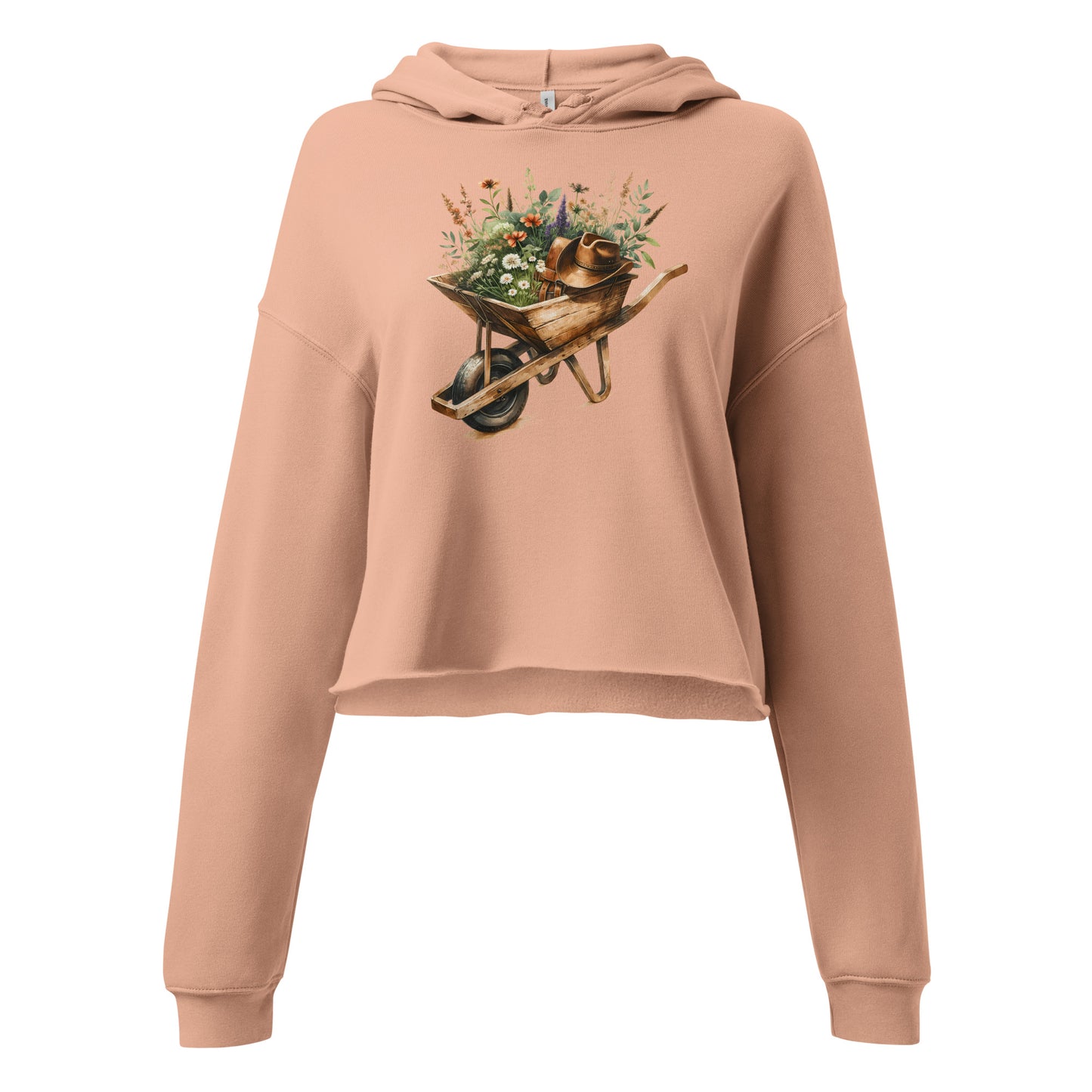 Detailed view of wheelbarrow floral design on peach western crop hoodie