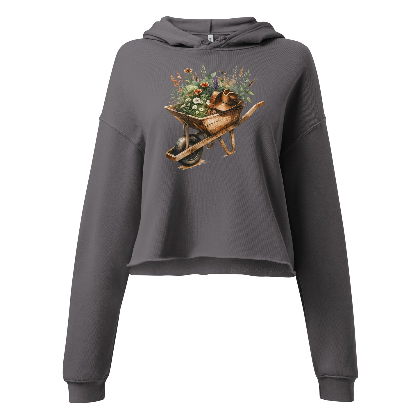 Graphic close-up of western garden print on storm gray hoodie