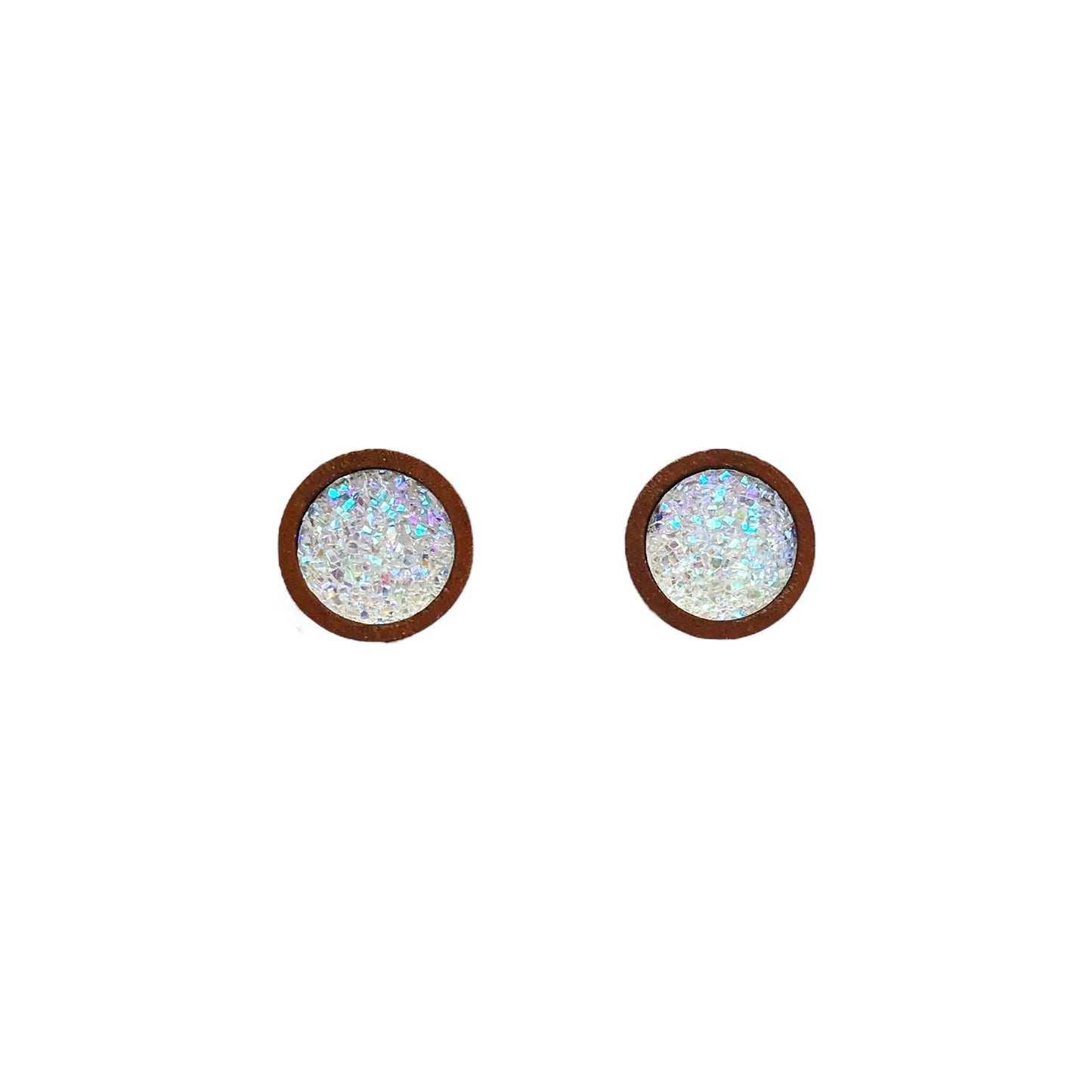 Round white glitter druzy wood stud earrings displayed on a white background
