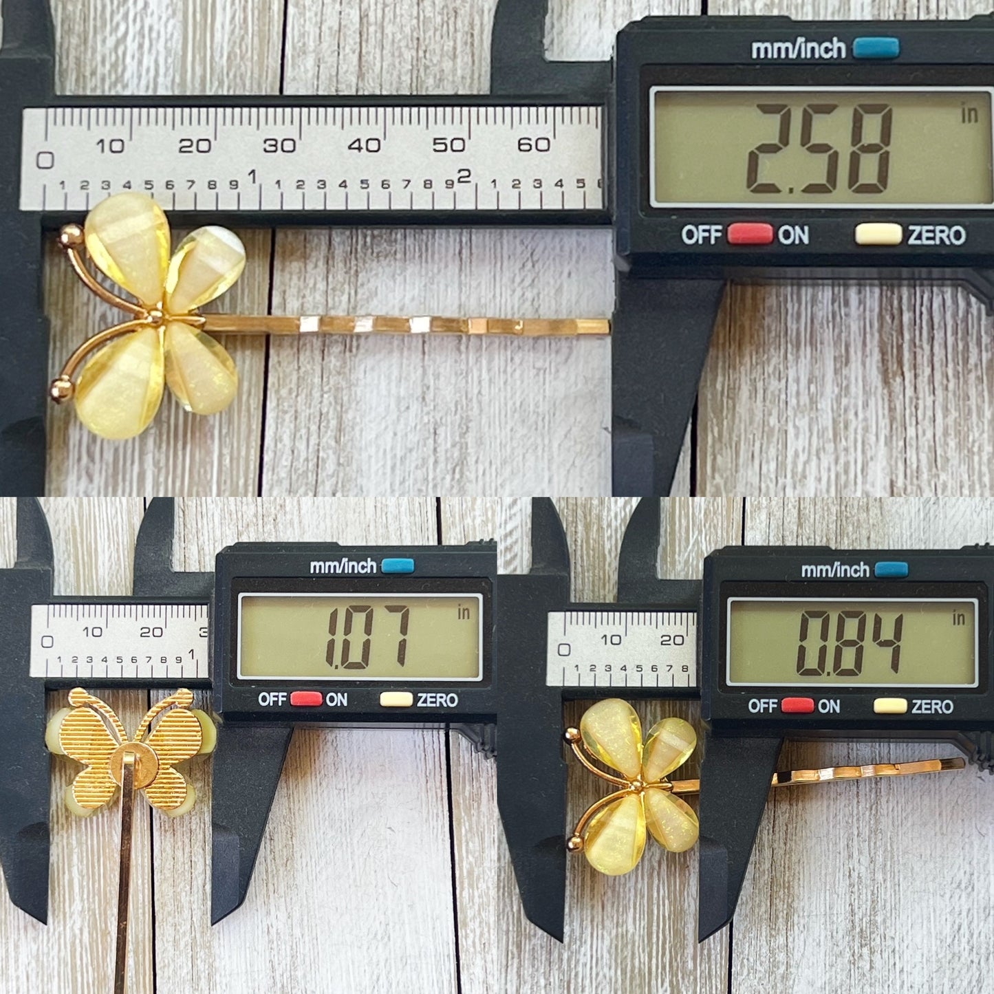 Measurement photo showing butterfly and pin dimensions for yellow hair pin set