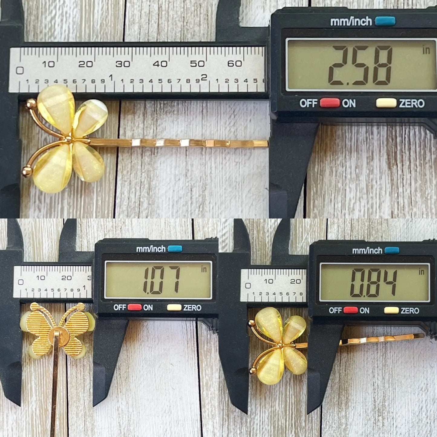 Measurement photo showing butterfly and pin dimensions for yellow hair pin set