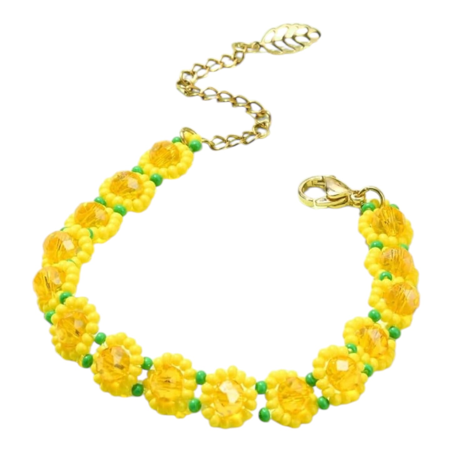 Side view of sunflower bracelet with yellow and green glass beads