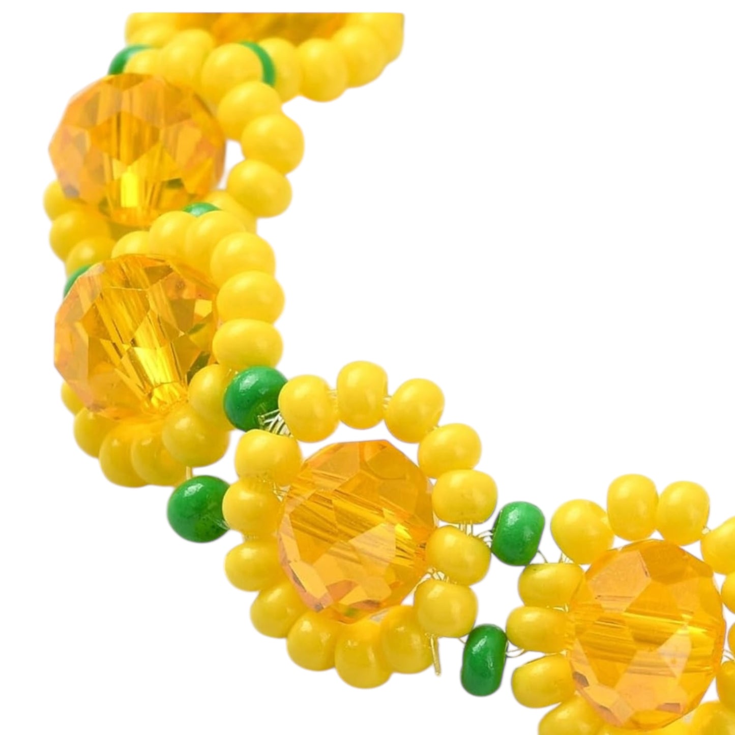 Close-up of yellow sunflower beaded bracelet made with glass beads