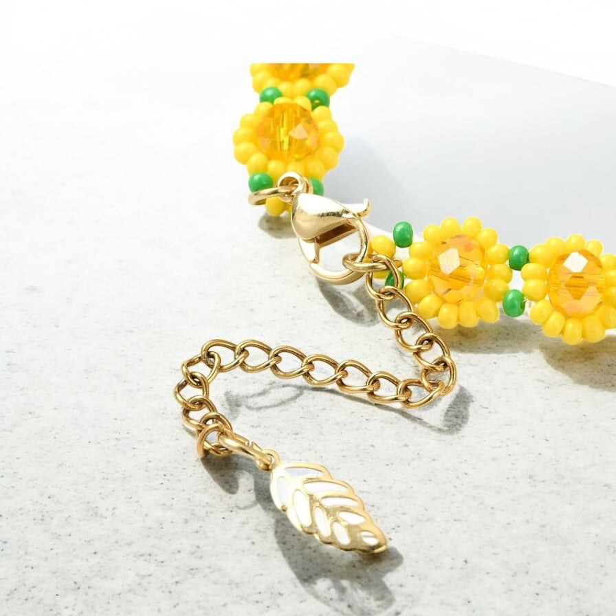 Sunflower bracelet with lobster clasp and extender chain shown in full length