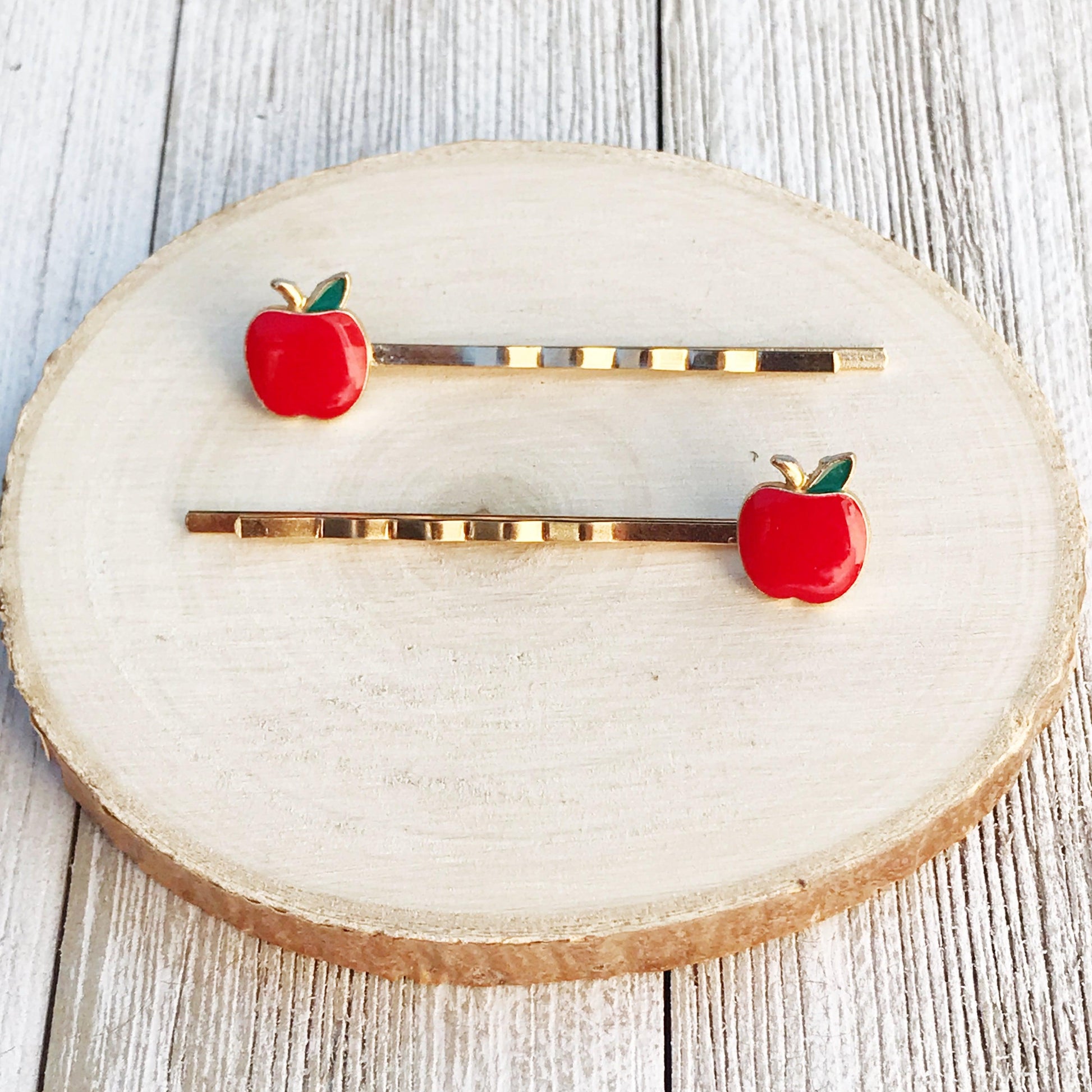 Red Apple Fruit Enamel Bobby Pins - Fun & Whimsical Hair Accessories