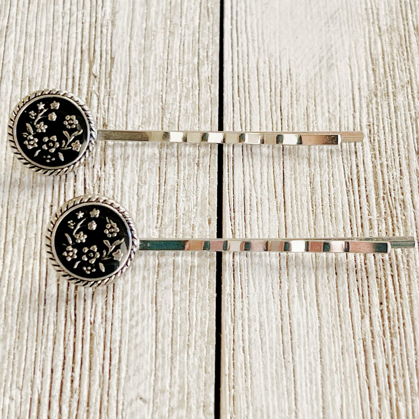 Black & Antiqued Silver Wildflower Hair Pins - Elegant and Versatile Hair Accessories