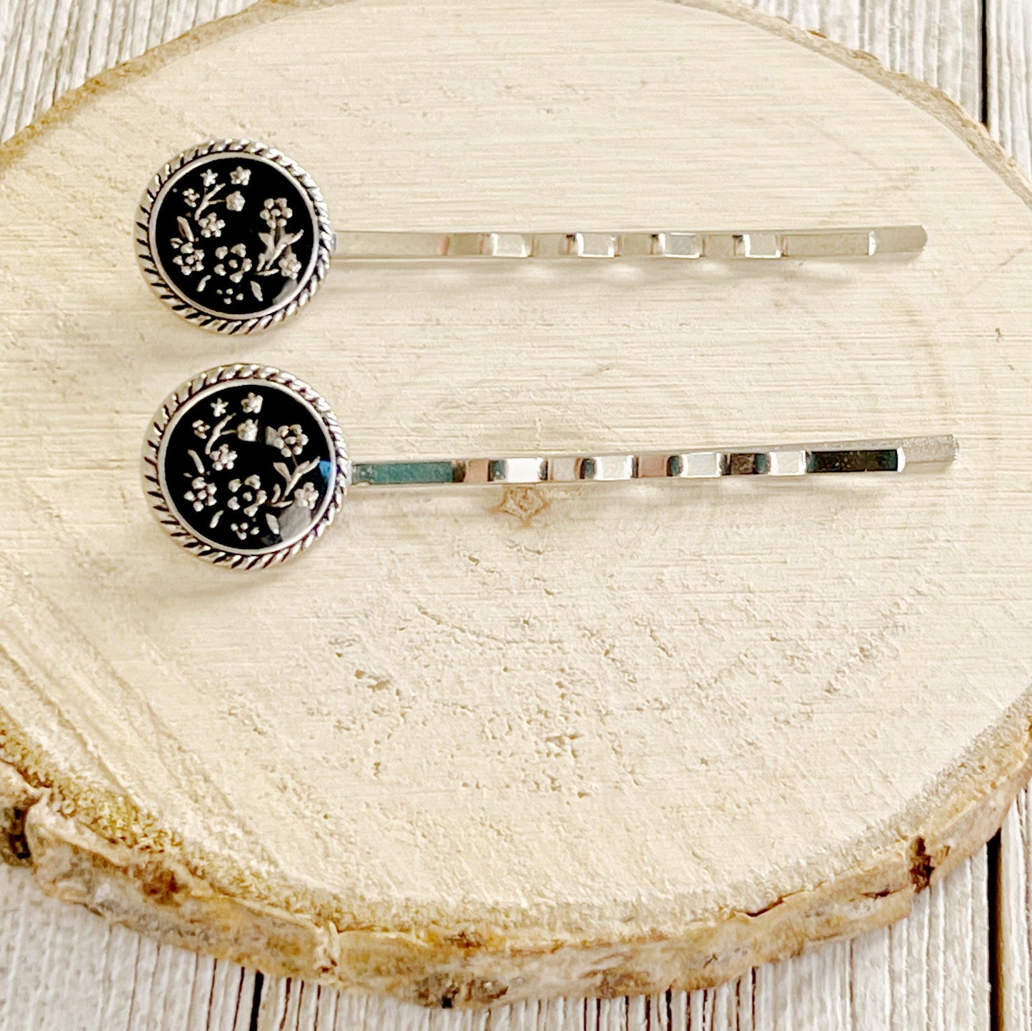 Black & Antiqued Silver Wildflower Hair Pins - Elegant and Versatile Hair Accessories