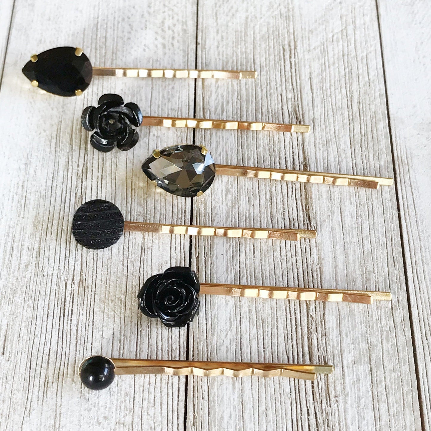 Black & Gold Rhinestone Floral Bobby Pin Set - Elegant Hair Accessories