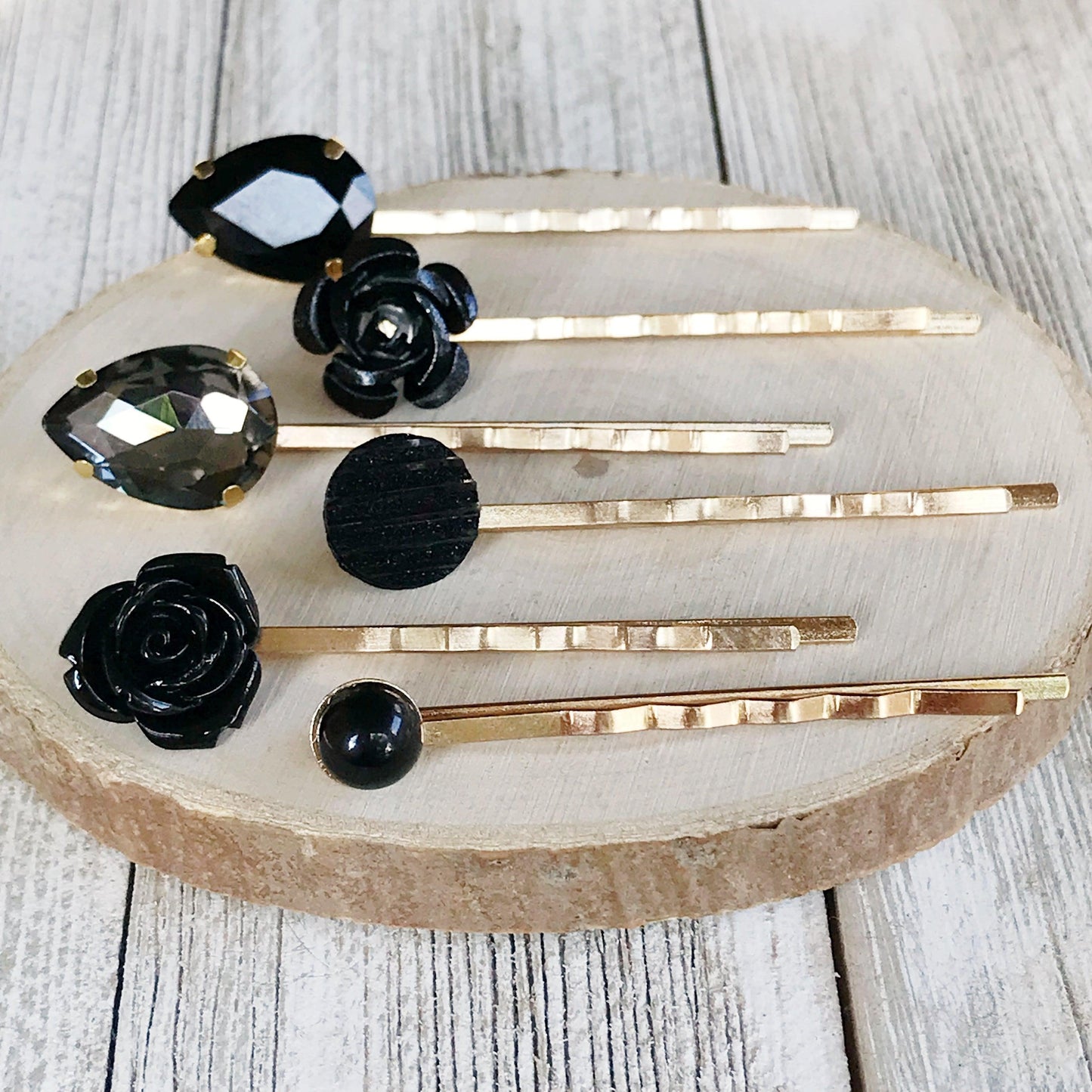 Black & Gold Rhinestone Floral Bobby Pin Set - Elegant Hair Accessories