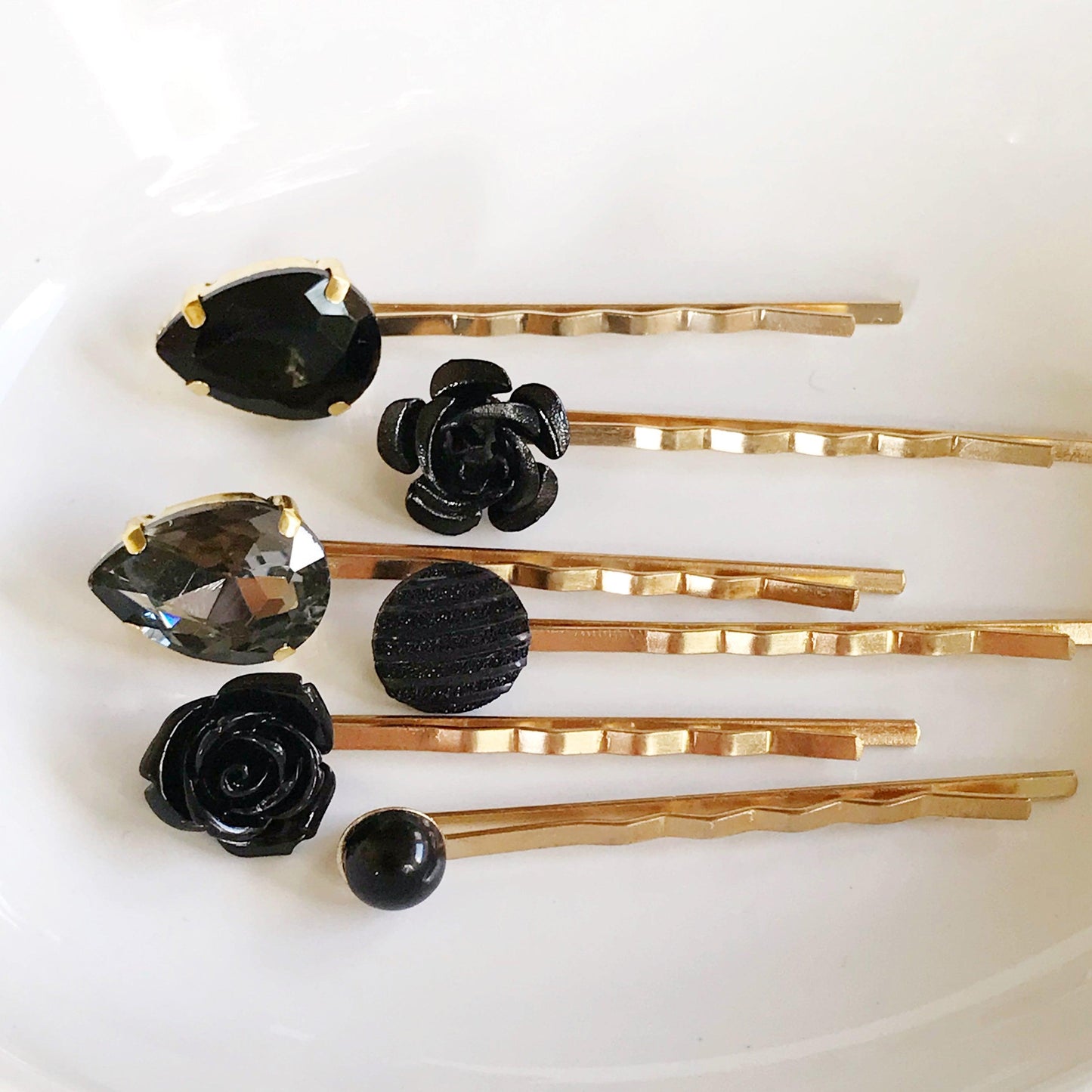 Black & Gold Rhinestone Floral Bobby Pin Set - Elegant Hair Accessories