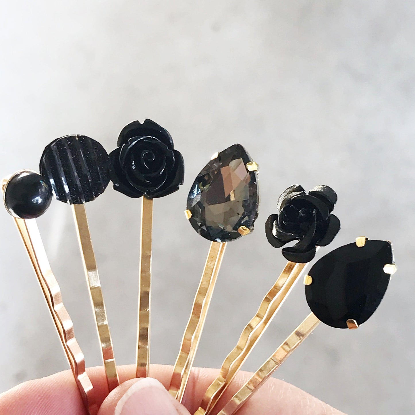 Black & Gold Rhinestone Floral Bobby Pin Set - Elegant Hair Accessories