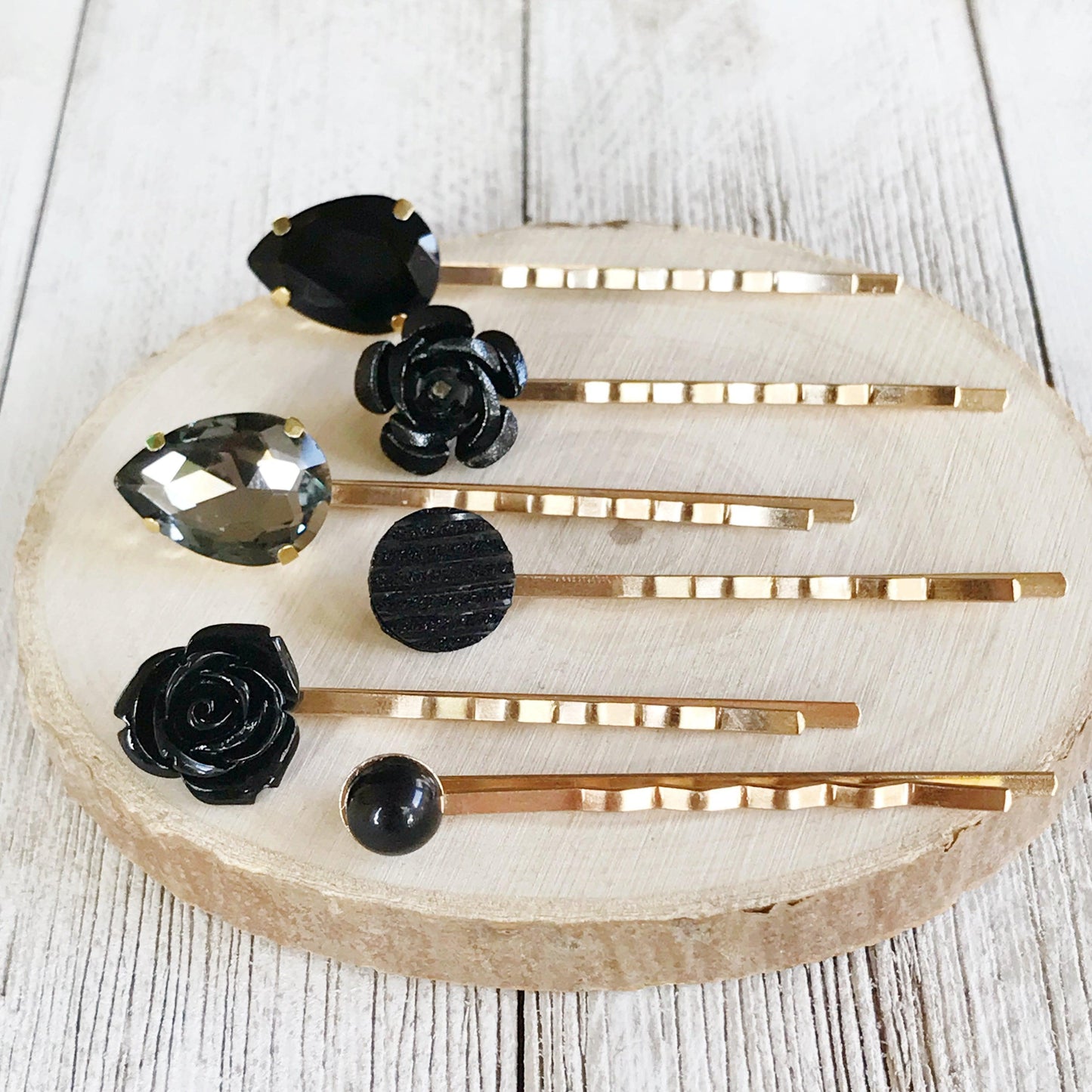 Black & Gold Rhinestone Floral Bobby Pin Set - Elegant Hair Accessories