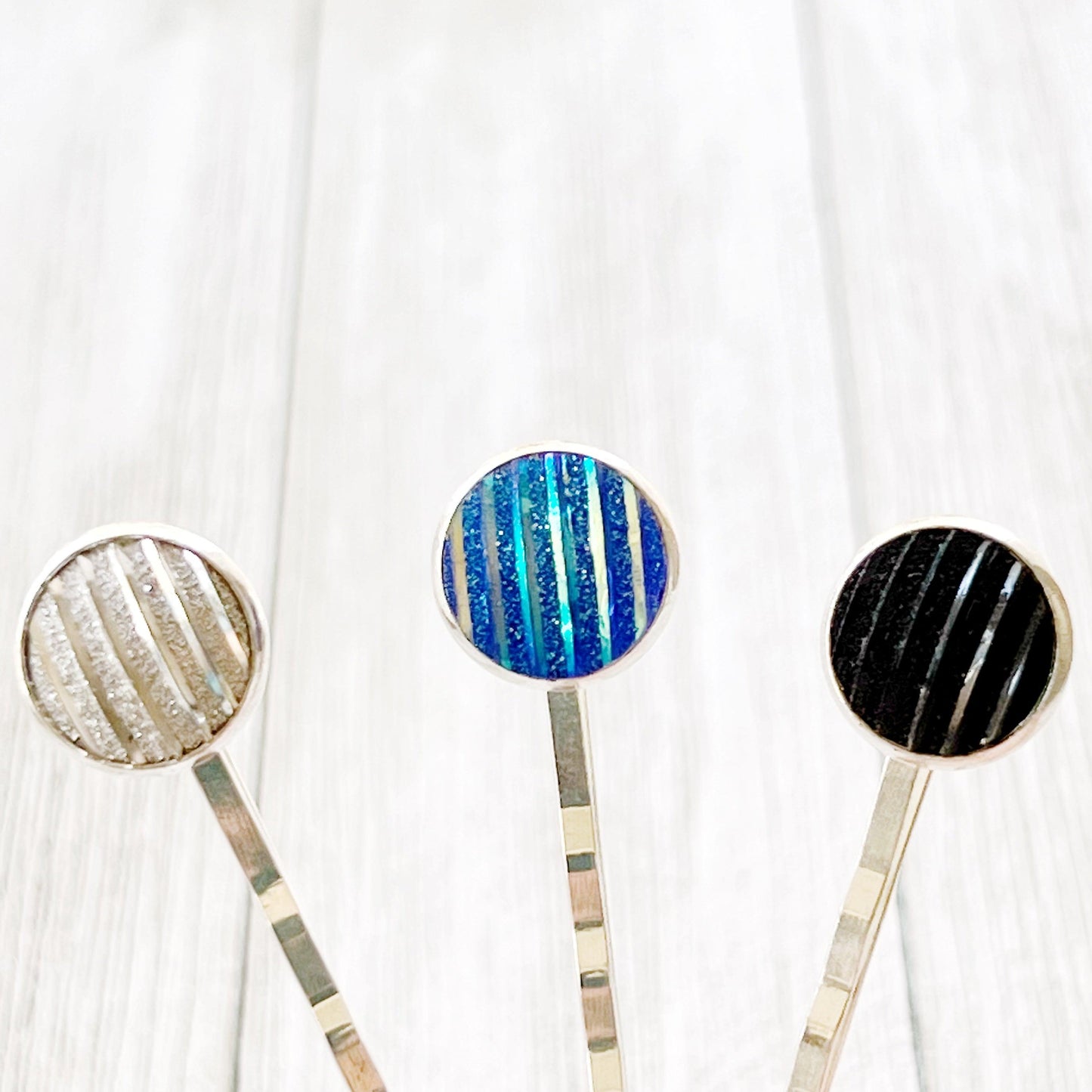 Blue, Black, & Silver Metallic Striped Hair Pins - Set of 3 Stylish Silver Hair Accessories
