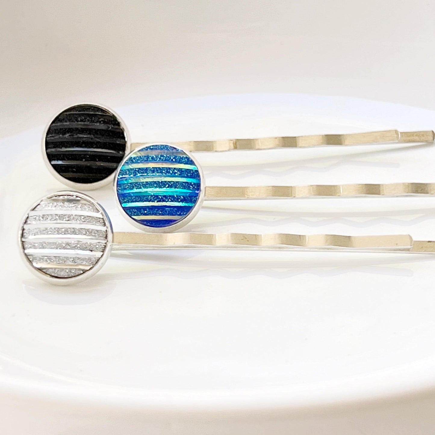 Blue, Black, & Silver Metallic Striped Hair Pins - Set of 3 Stylish Silver Hair Accessories
