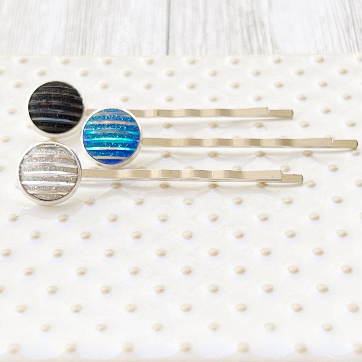 Blue, Black, & Silver Metallic Striped Hair Pins - Set of 3 Stylish Silver Hair Accessories