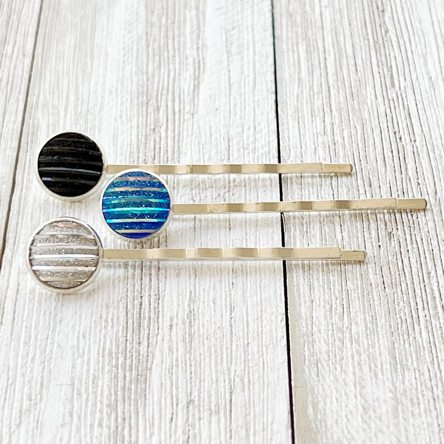 Blue, Black, & Silver Metallic Striped Hair Pins - Set of 3 Stylish Silver Hair Accessories