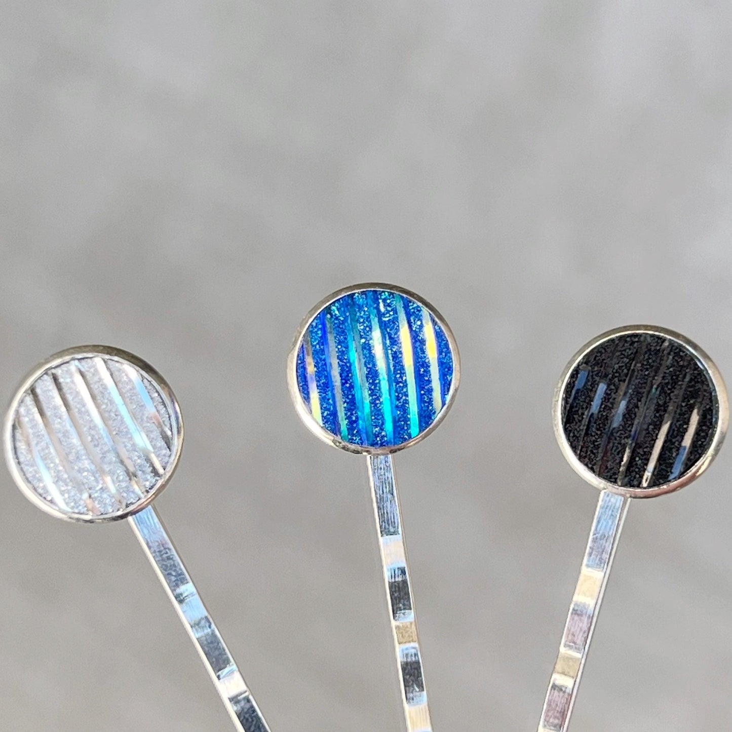 Blue, Black, & Silver Metallic Striped Hair Pins - Set of 3 Stylish Silver Hair Accessories