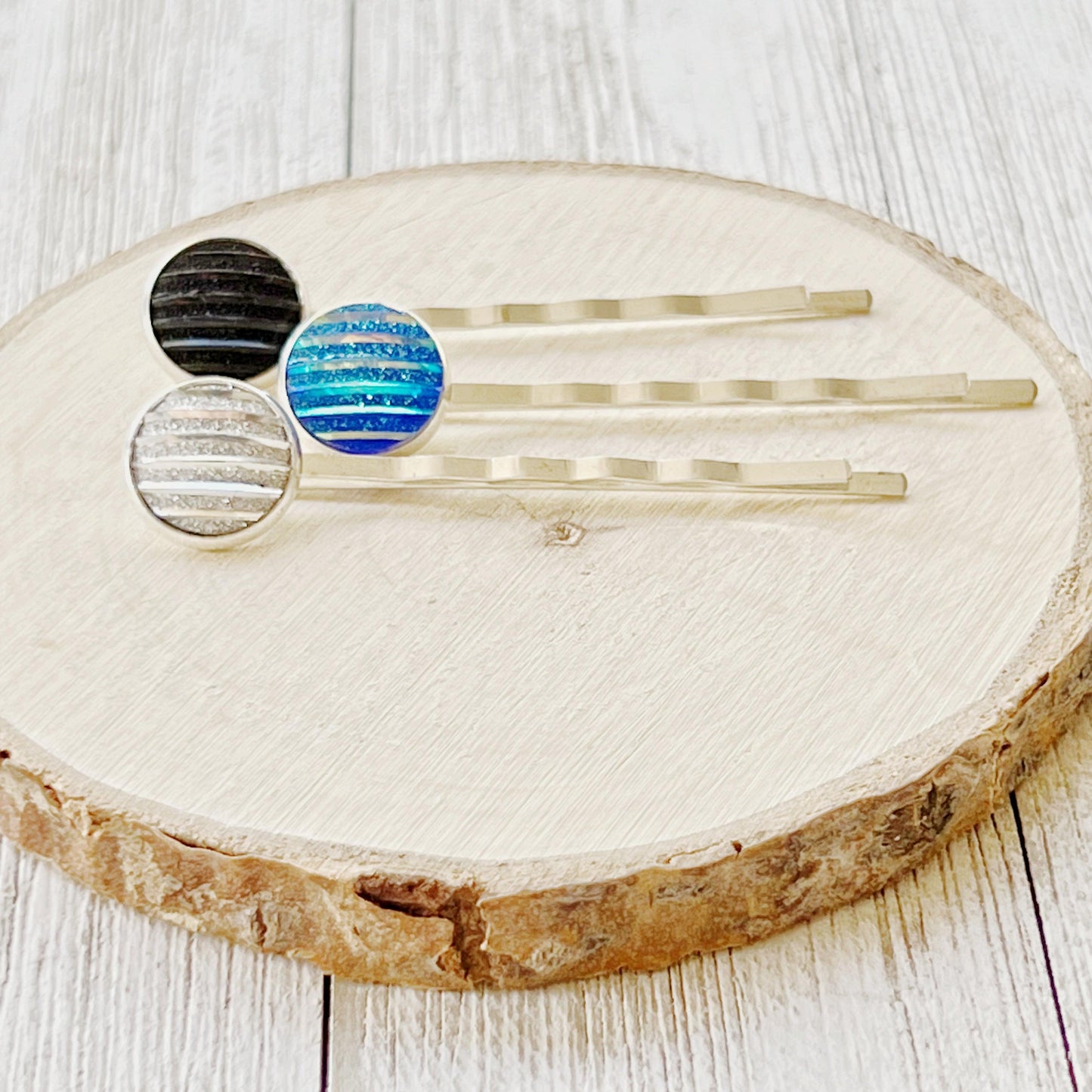 Blue, Black, & Silver Metallic Striped Hair Pins - Set of 3 Stylish Silver Hair Accessories