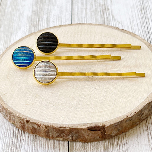Blue, Black, and Silver Metallic Striped Hair Pins - Set of 3 Stylish Gold Hair Accessories