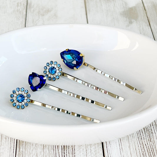 Blue Rhinestone Flowers, Heart, & Teardrop Hair Pins - Set of 4 Elegant Hair Pins for Women | Cobalt Blue Bobby Pins