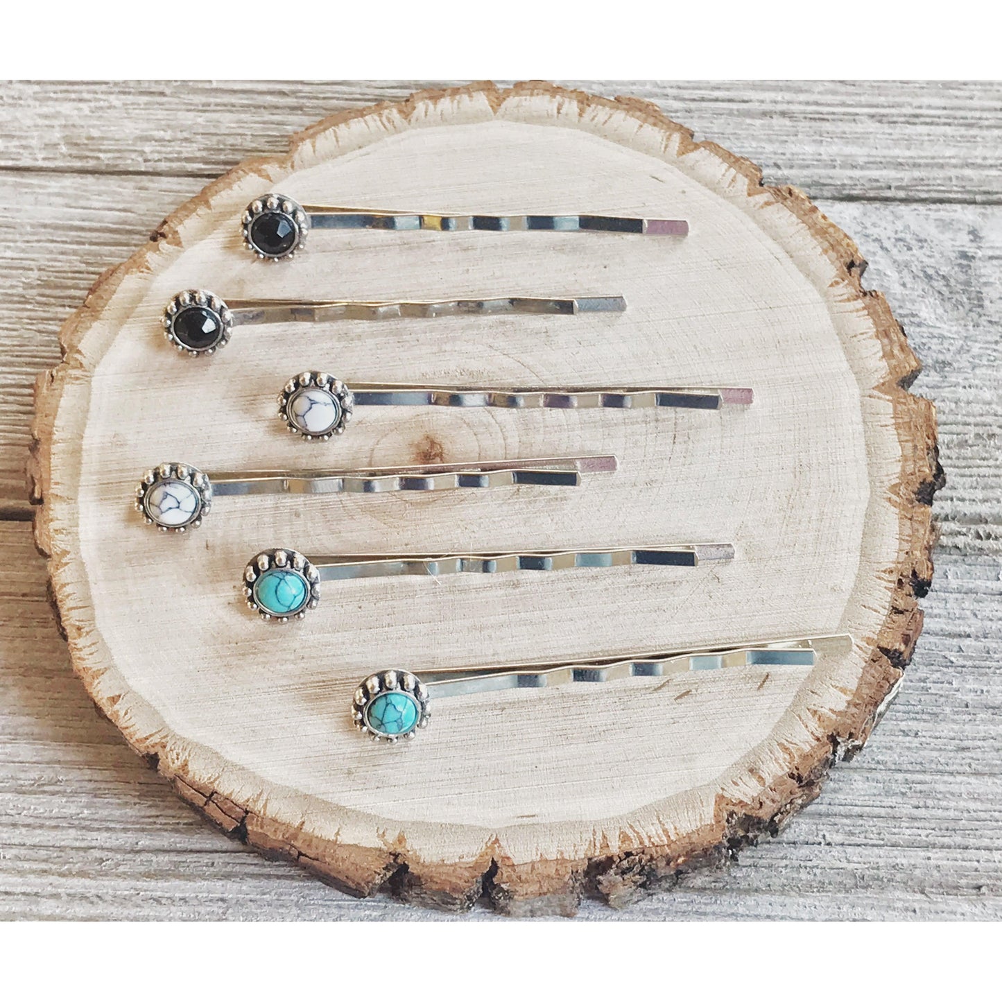 Black, White & Turquoise Stone Hair Pins - Set of 6 Western Cowgirl Bobby Pins, Women's Southwestern Boho Hair Accessories