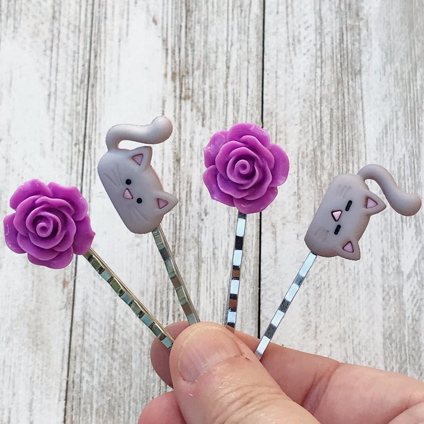 Gray Cats & Purple Flowers Hair Pin Set - Charming Accessories for Cat Lovers & Floral Enthusiasts