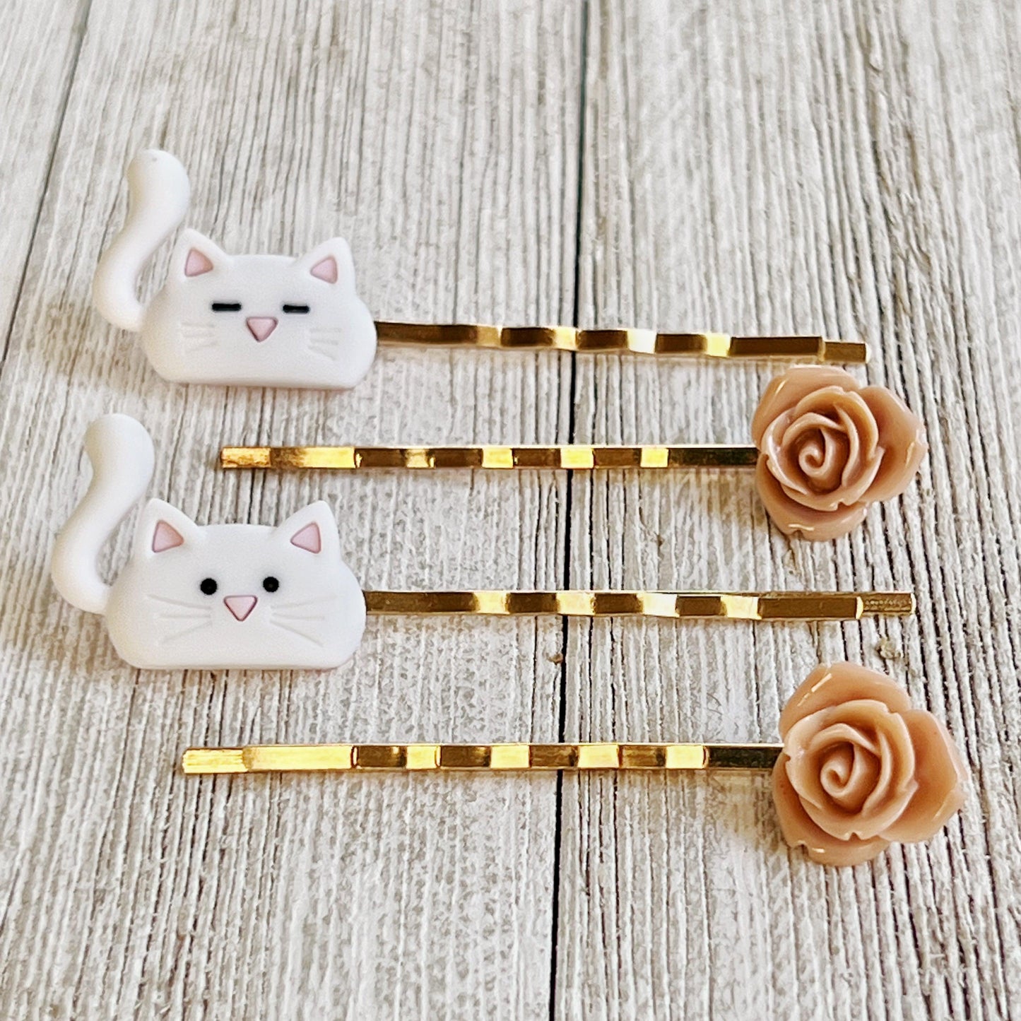 White Cat & Tan Flower Hair Pins: Cute Feline-Inspired Accessories