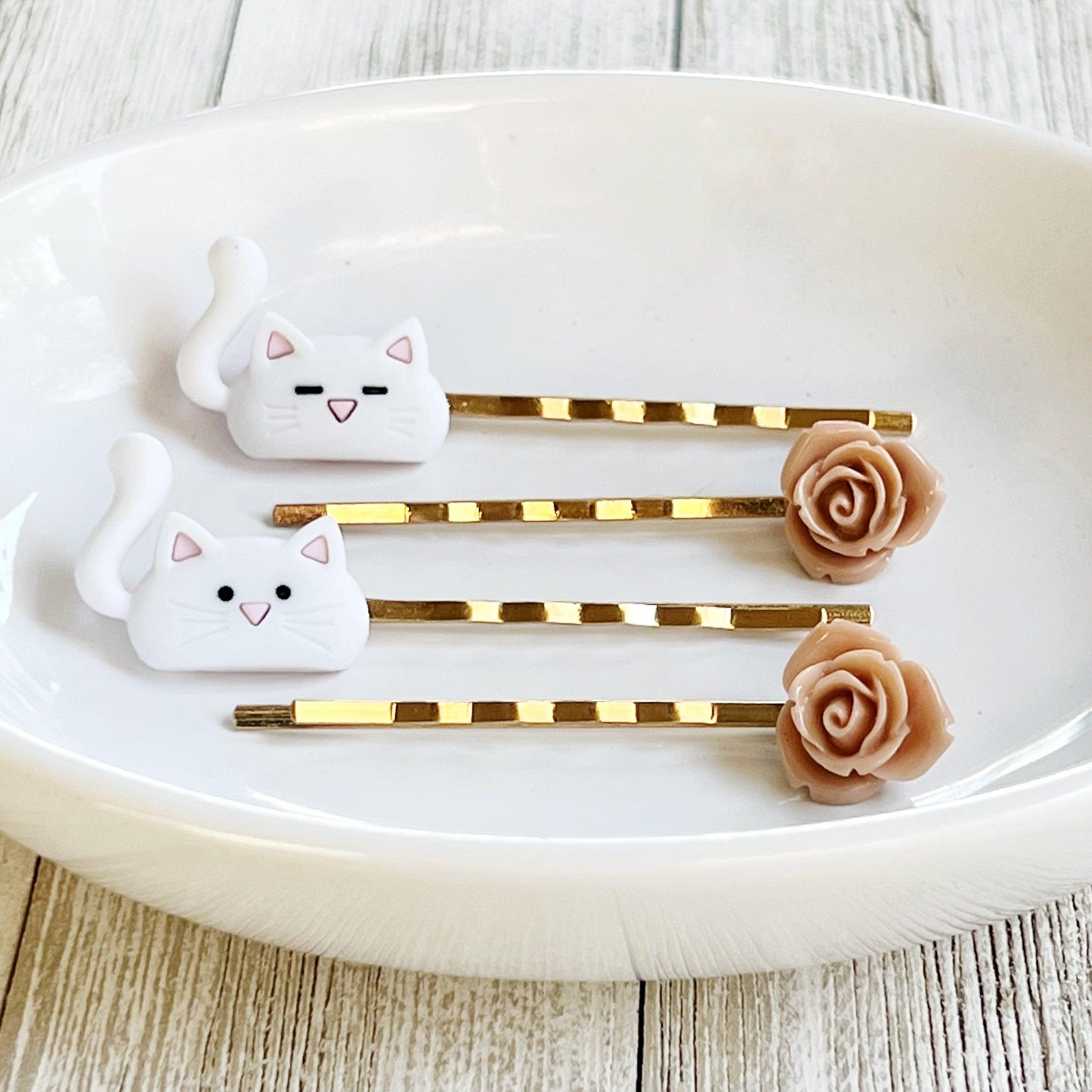 White Cat & Tan Flower Hair Pins: Cute Feline-Inspired Accessories