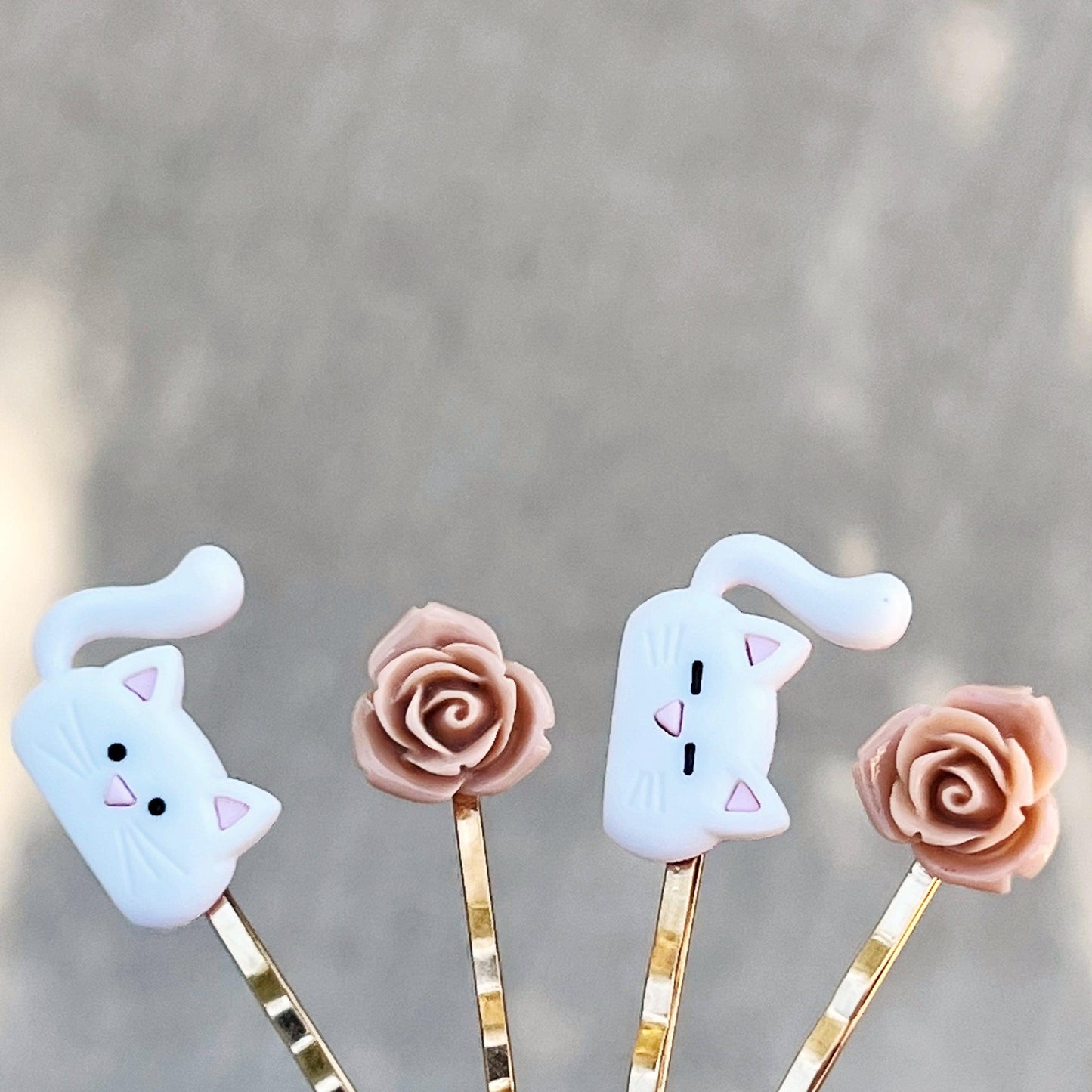 White Cat & Tan Flower Hair Pins: Cute Feline-Inspired Accessories