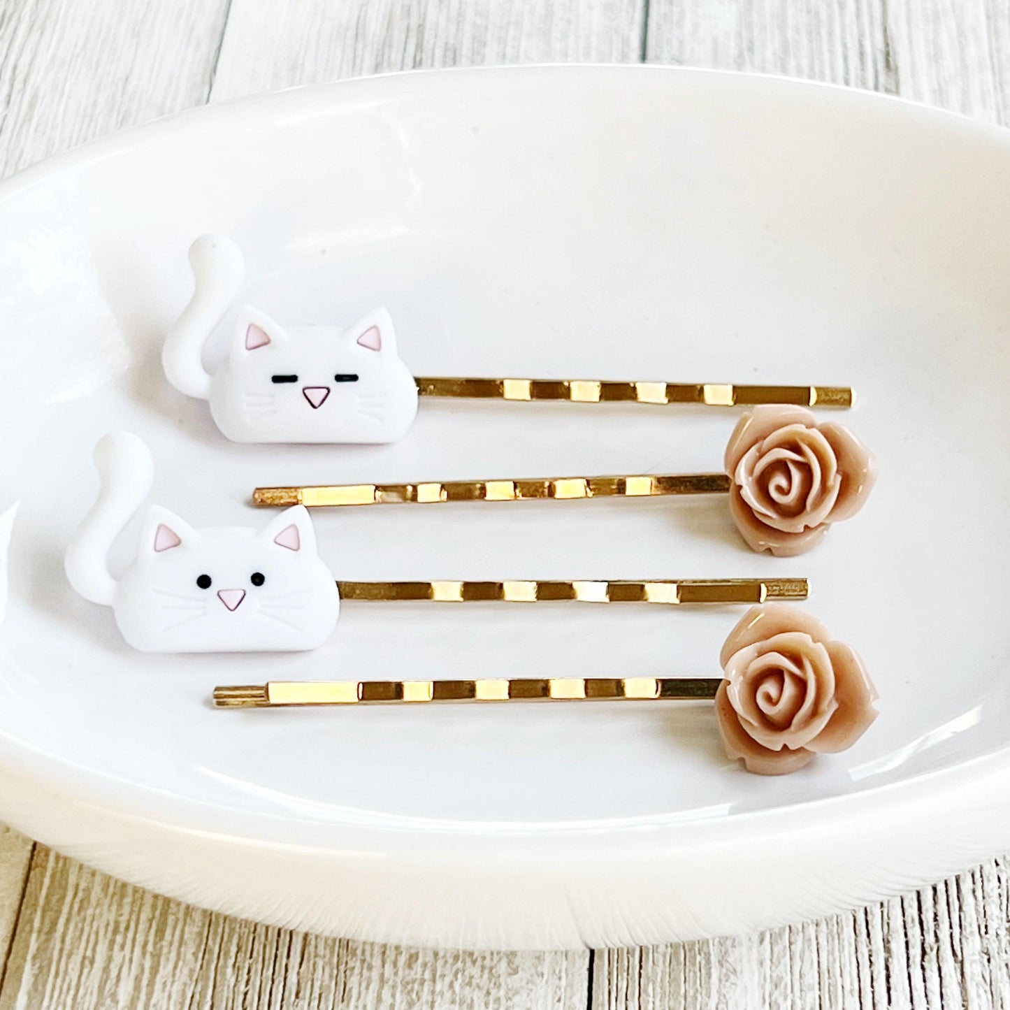White Cat & Tan Flower Hair Pins: Cute Feline-Inspired Accessories