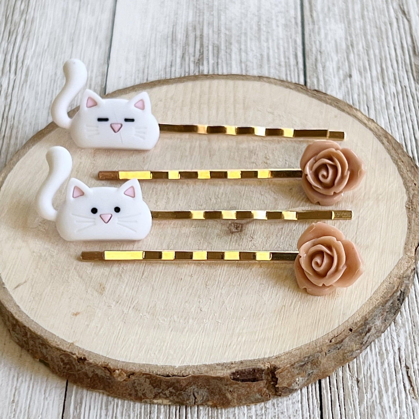 White Cat & Tan Flower Hair Pins: Cute Feline-Inspired Accessories