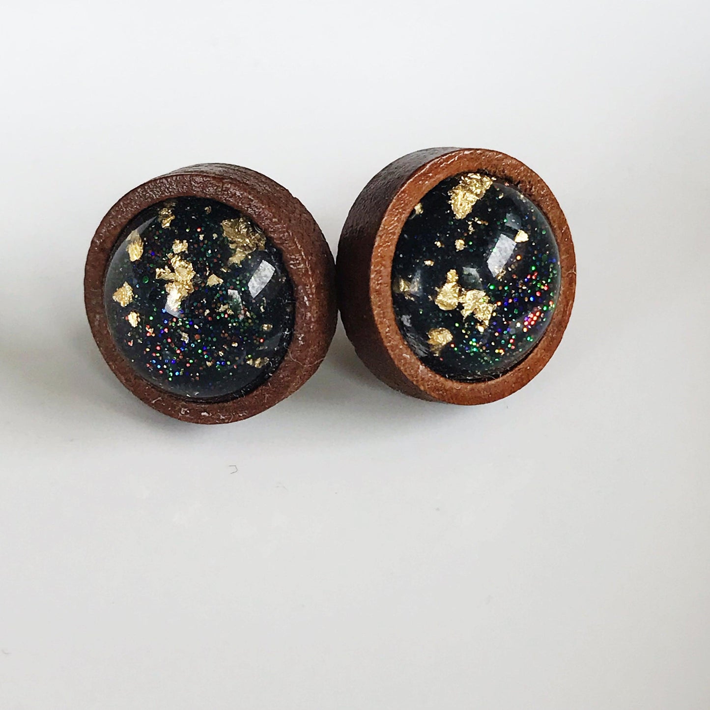 Black Glitter Gold Flake Wood Stud Earrings - Elegant Statement Jewelry