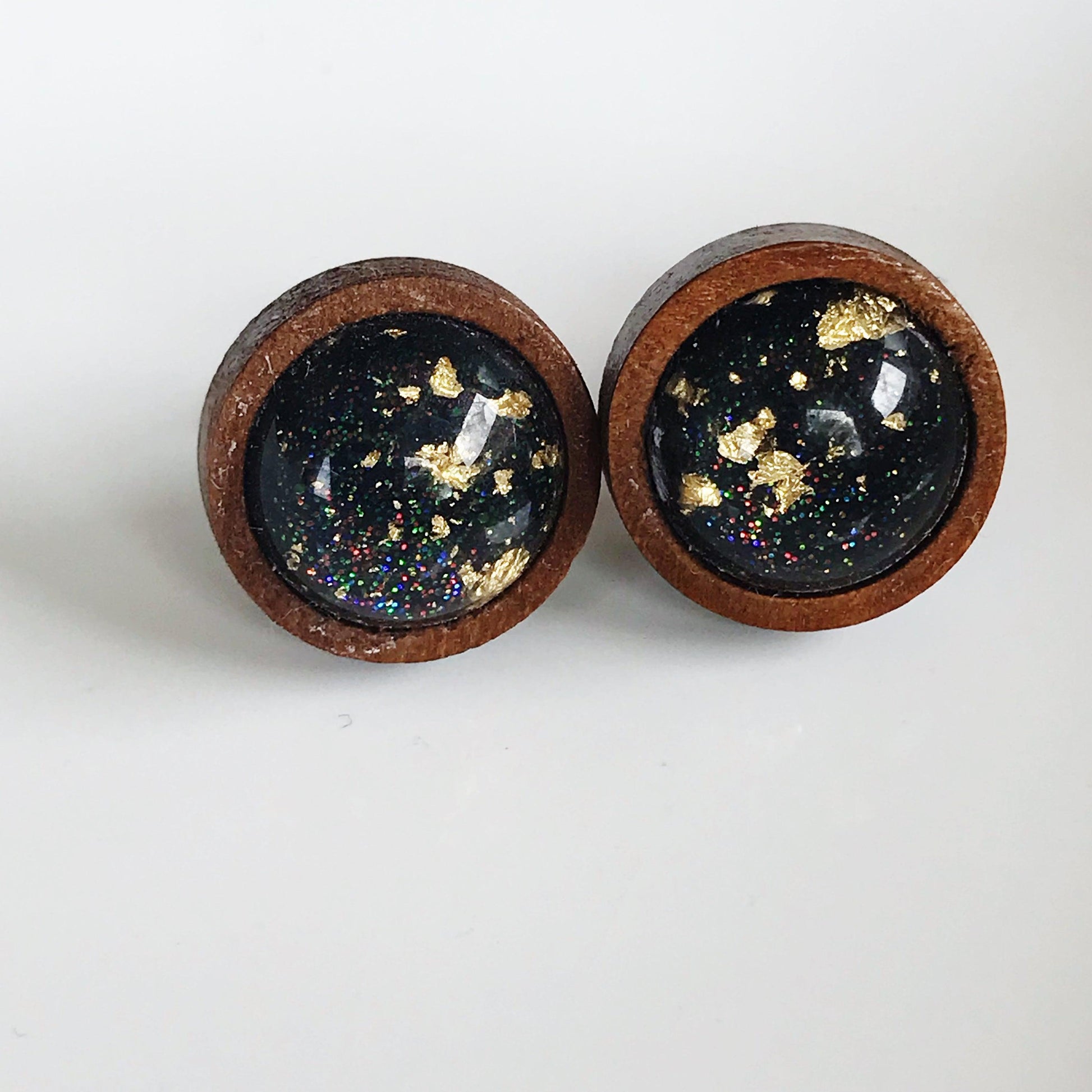 Black Glitter Gold Flake Wood Stud Earrings - Elegant Statement Jewelry