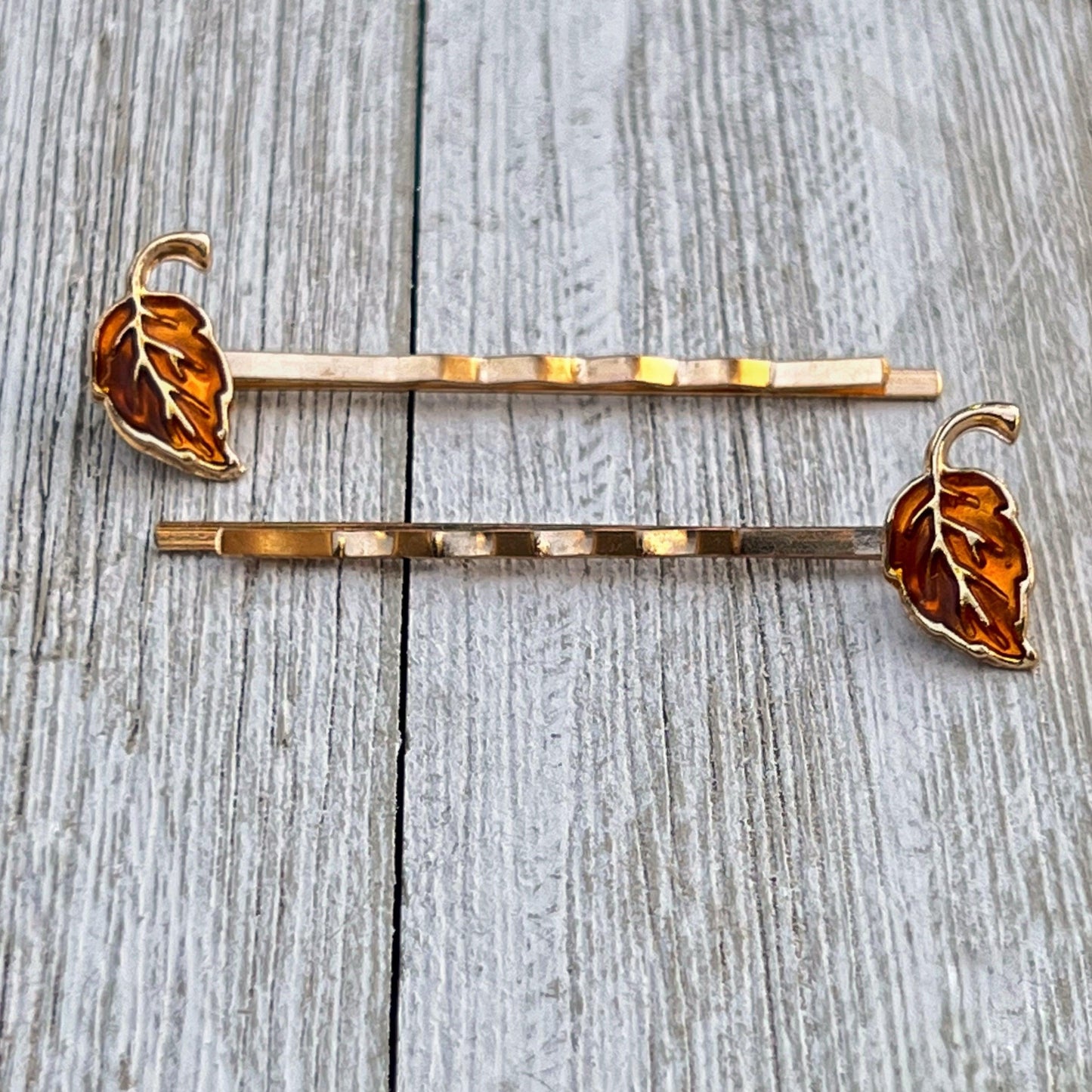 Amber Orange Enamel Leaf Hair Pins – Autumn Botanical Hair Pin Set