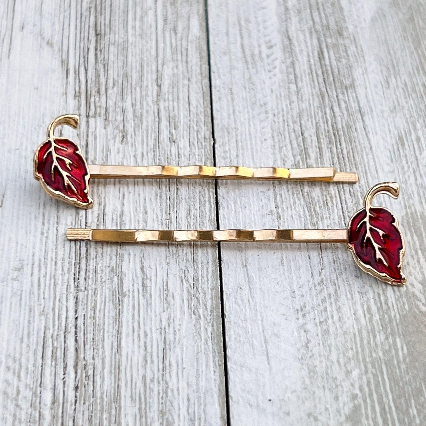 Red Enamel Leaf Hair Pins – Gold Autumn Botanical Hair Pins Set